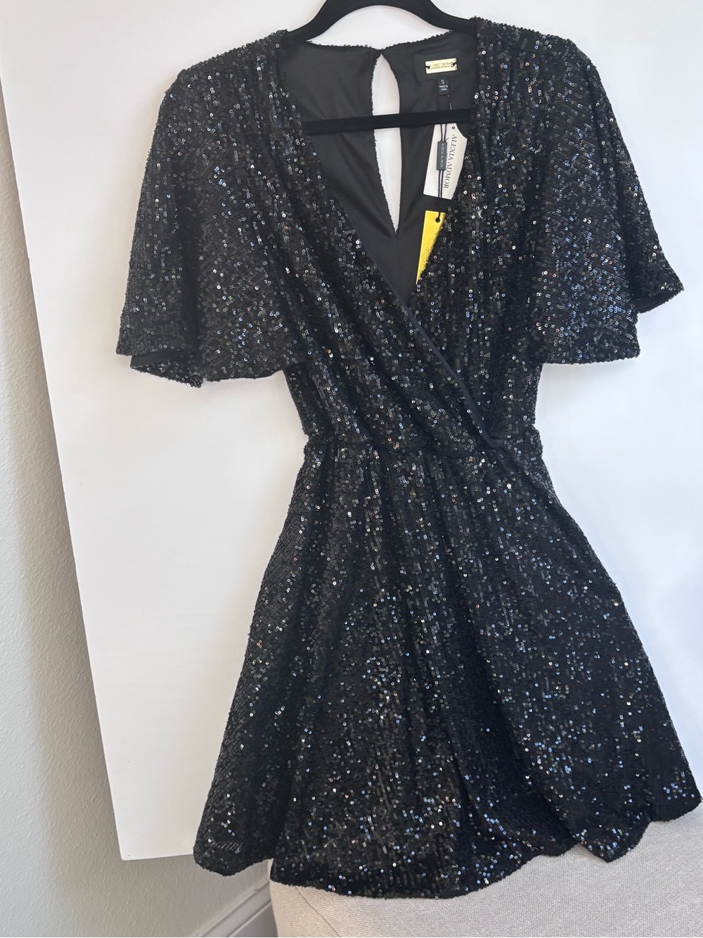 Sequin Wrap Flutter-Sleeve Dress - Black - Alexia Admor